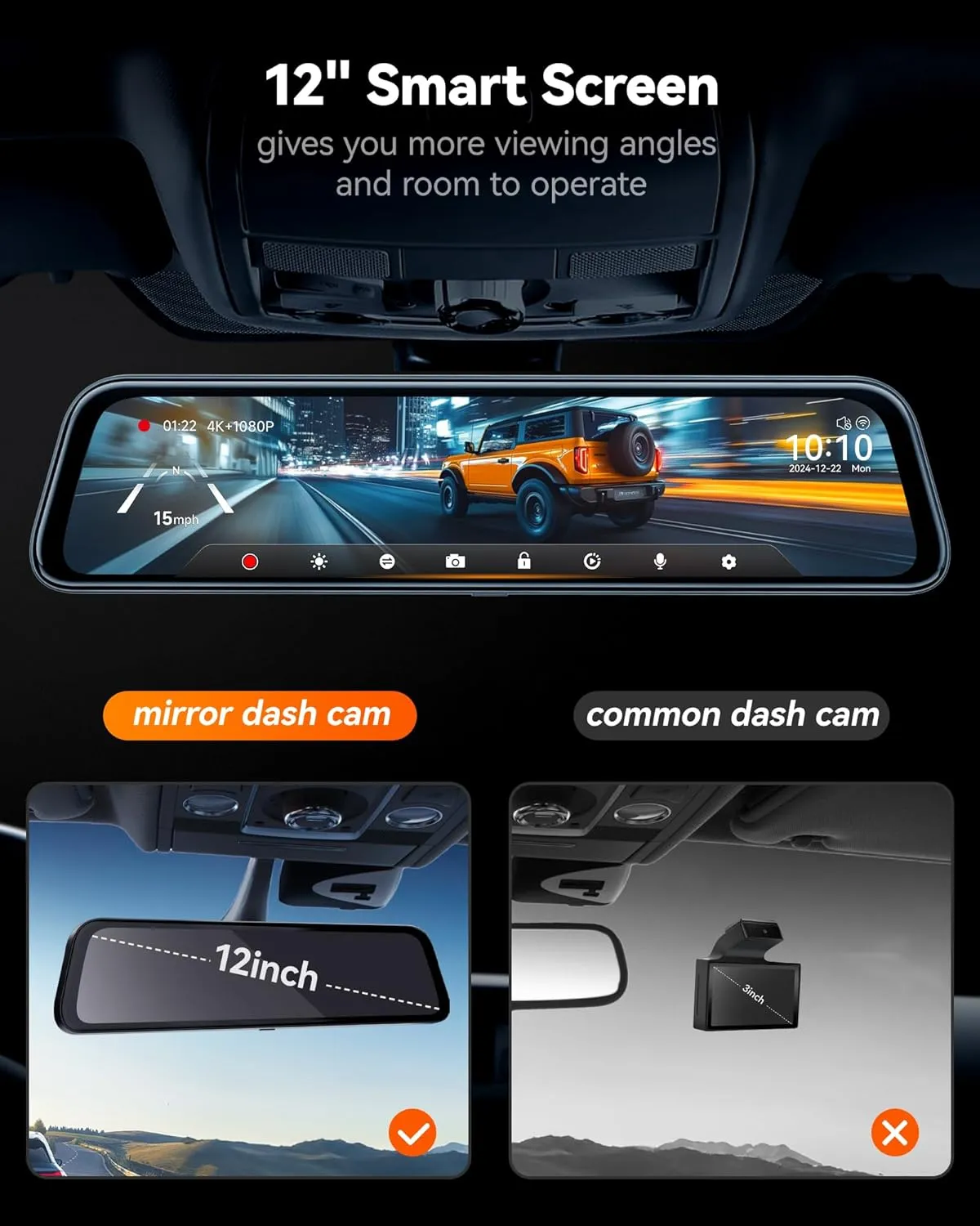 4K Mirror Dash Cam Front and Rear – 12" Smart Rear View Mirror Dash Camera with WiFi & GPS - Image 9