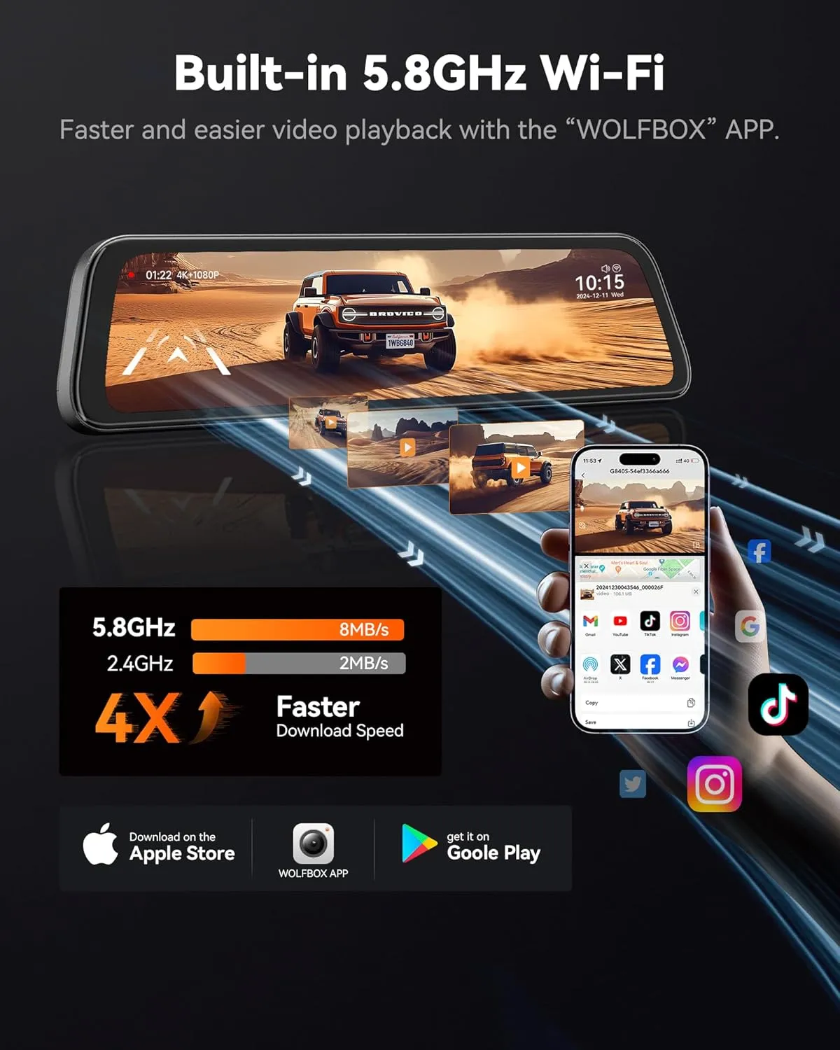 4K Mirror Dash Cam Front and Rear – 12" Smart Rear View Mirror Dash Camera with WiFi & GPS - Image 3